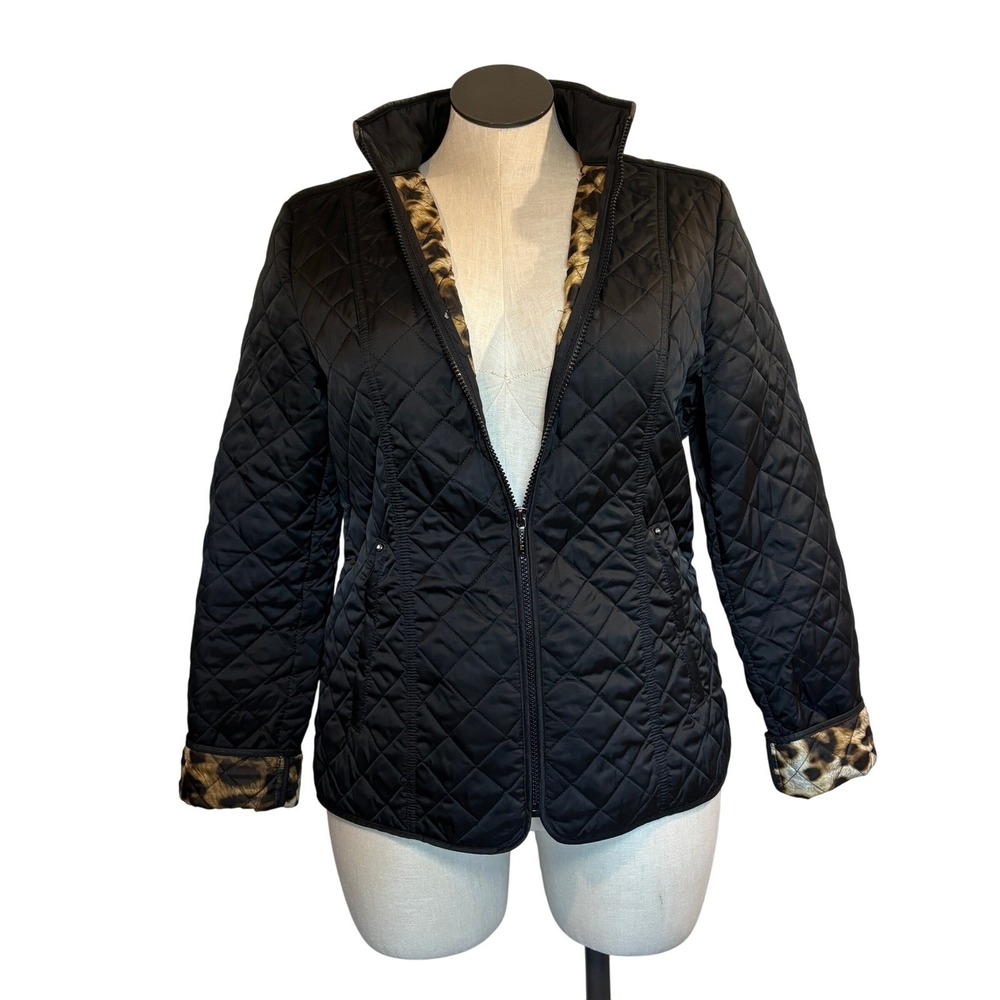 Laundry Black Quilted Lightweight Jacket Leopard Lined Women's Large‎